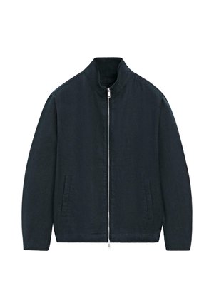 Black zip-up jacket with stand collar, long sleeves, and two side pockets, displayed on a white background.