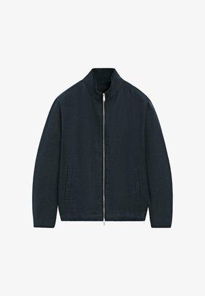 Black zip-up jacket with stand collar, long sleeves, and two side pockets, displayed on a white background.