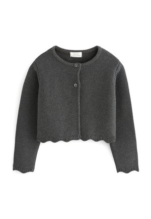 Cardigan court en tricot gris foncé avec manches longues, col rond, deux boutons à l'avant et bords festonnés aux poignets et à l'ourlet.