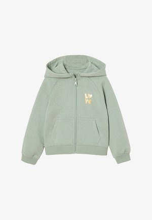 Hellgrüner Reißverschluss-Hoodie aus weichem Stoff. Verfügt über eine Fronttasche und ein goldbedrucktes "LOVE"-Design auf der oberen linken Seite.
