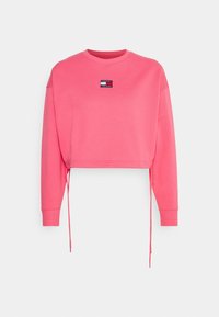 Růžová zkrácená mikina s dlouhými rukávy, která má malou obdélníkovou nášivku s logem. Zahrnuje stahovací prvky na spodním lemu pro nastavitelnou velikost.