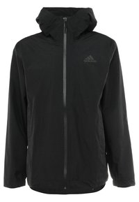 Svart lättviktsjacka med huva, dragkedjestängning och logotyp. Den har långa ärmar och elastiska tåtar, och är tillverkad av ett slätt, vattenavvisande material.