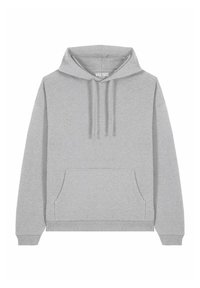 Felpa grigia realizzata in morbido tessuto, con tasca a marsupio, cappuccio regolabile con lacci e polsini e orlo a coste. Design semplice e privo di decorazioni.