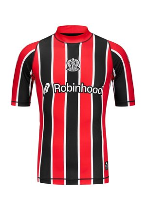 Maglia da calcio a righe verticali rosse e nere con stemma OGC Nice e logo dello sponsor Robinhood sul davanti.