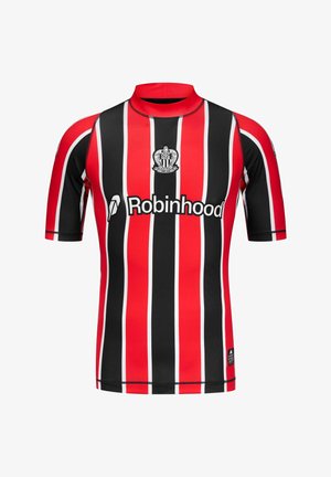 Maglia da calcio a righe verticali rosse e nere con stemma OGC Nice e logo dello sponsor Robinhood sul davanti.
