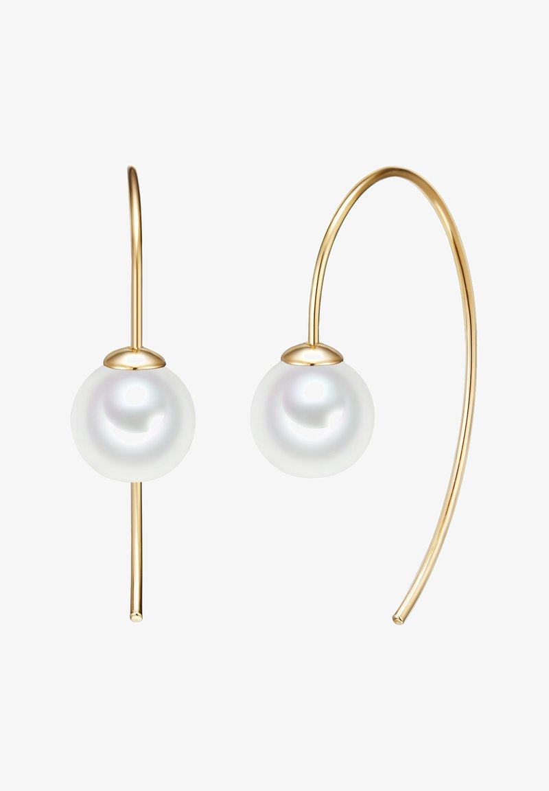 Kuldne rõngasõrmused, mille aluses on sile valge pärl. Need on peene ja pikliku disainiga, rõhutades pärli sära.