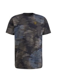 Short-sleeve t-shirt in navy blue, featuring horizontal stripe pattern in beige and light blue. Includes a small label on the chest.