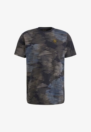 Short-sleeve t-shirt in navy blue, featuring horizontal stripe pattern in beige and light blue. Includes a small label on the chest.