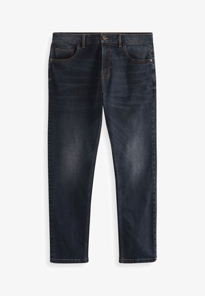 Jean en denim bleu foncé avec une coupe droite. Doté de cinq poches, d'une fermeture à bouton et de coutures contrastées. Texture lisse avec une légère décoloration.
