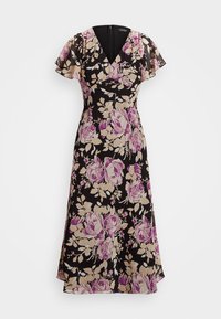 Floral dress with a black background, featuring purple and beige rose patterns. V-neckline and flutter sleeves. A-line silhouette.