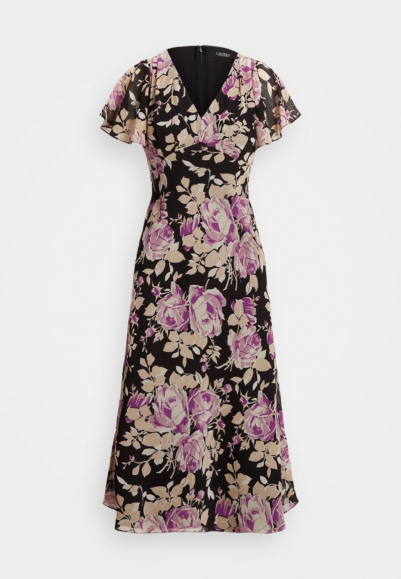 Floral dress with a black background, featuring purple and beige rose patterns. V-neckline and flutter sleeves. A-line silhouette.