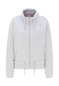 Svetle šedá mikina s vysokým límcem, předním zipem, stahovacími šňůrkami v pase a výšivkou růžového srdce na hrudi.