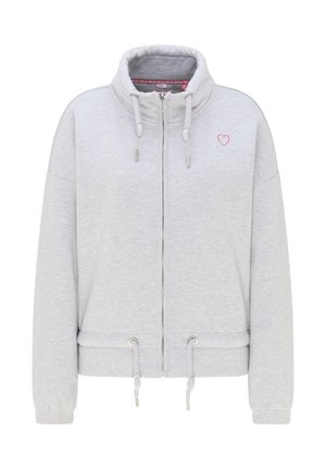 Világosszürke kapucnis pulóverdzseki magas gallérral, elülső cipzárral, húzózsinórral ellátott derékkal és rózsaszín szív hímzéssel a mellkasán.