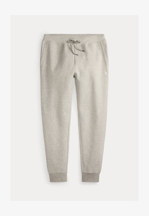 Svetlosivé teplákové nohavice s šnúrkou v páse, bočnými vreckami, rebrovanými manžetami a malým vyšívaným logom na pravom stehne.