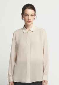 Ljusbeige långärmad blus med spetsig krage, knäppning fram och slät, genomskinlig tygtextur. Skräddarsydd passform med manschettärmar.