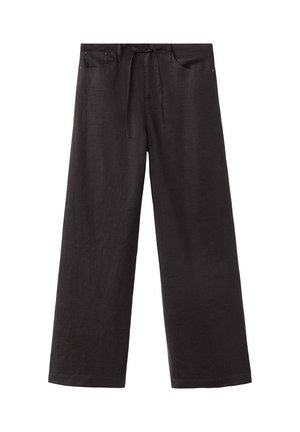 Pantalones de pierna ancha negros con bolsillos delanteros, trabillas para cinturón y cintura con cordón, hechos de tela ligera.