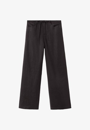 Pantalon noir à jambes larges avec poches avant, passants de ceinture et taille à cordon, en tissu léger.
