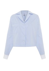 Camicia a maniche lunghe con bottoni, in blu chiaro e bianco a righe, realizzata in tessuto traspirante. Caratterizzata da un colletto, maniche lunghe e una tasca sul petto.