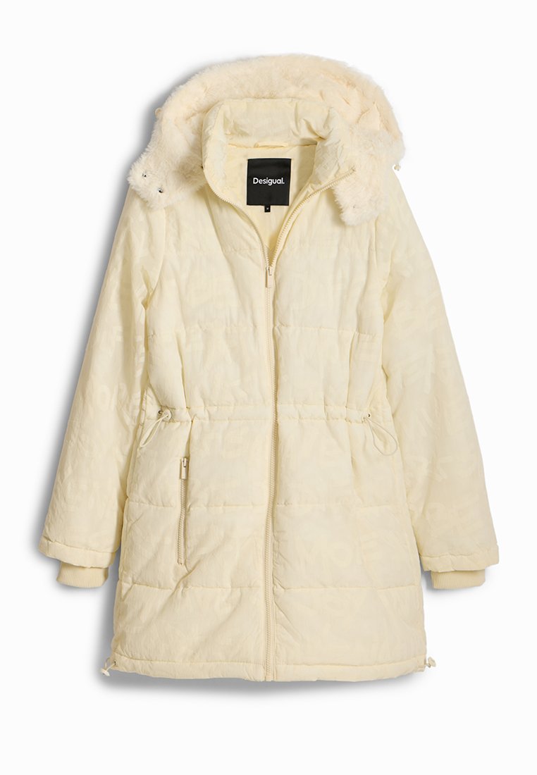 Jasnożółta kurtka puchowa z futrzanym kapturem, zamek z przodu, dwie boczne kieszenie oraz elastyczne mankiety o teksturowanym wykończeniu.