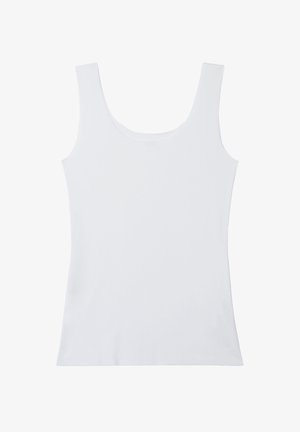 Plain white sleeveless tank top with wide shoulder straps and scoop neckline, displayed on a white background.