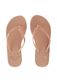Rose pink flip-flops with textured insoles featuring floral patterns; thin straps and a small metallic logo at the base.