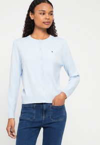 Hele sinine kardigan ümarate kaelustega, nööpe kinnitustega ja soonikkoes varrukatega. Kanna tumedate denimist teksade peal; rinnal on väike logo.