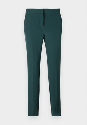 Dark green slim-fit women's trousers with a smooth waistband and front concealed fastening, displayed against a white background.