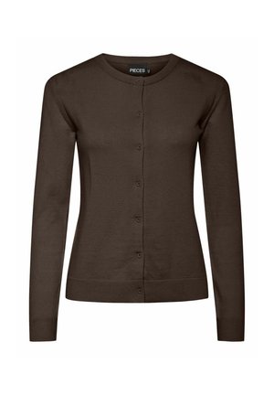 Brown knit cardigan with a round neckline, long sleeves, and a button-down front. Features ribbed cuffs and hem with a smooth texture.