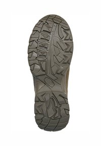 Rugalább talp mély, többirányú barázdákkal, texturált felülettel és megerősített széllel barna és szürke árnyalatokban.