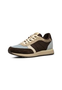 Sneaker aus einer Kombination von braunem Wildleder, hellblauem und beigem Textil. Verfügt über ein strukturiertes Obermaterial und flache cremefarbene Schnürsenkel. Gummisohle.