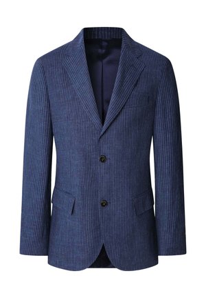 Marineblauwe pinstripe blazer met notch revers, dubbele knoopsluiting en twee zijzakken. Voering aan de binnenkant verbetert de structuur en pasvorm.