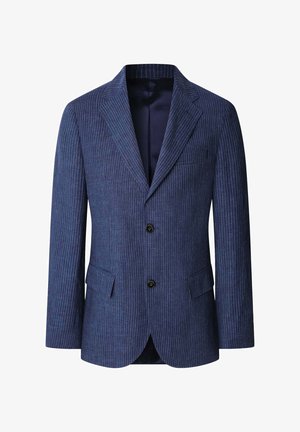 Marineblaues Nadelstreifen-Sakko mit Reverskragen, Zwei-Knopf-Frontverschluss und zwei Seitentaschen. Das gefütterte Innere verbessert die Struktur und den Sitz.