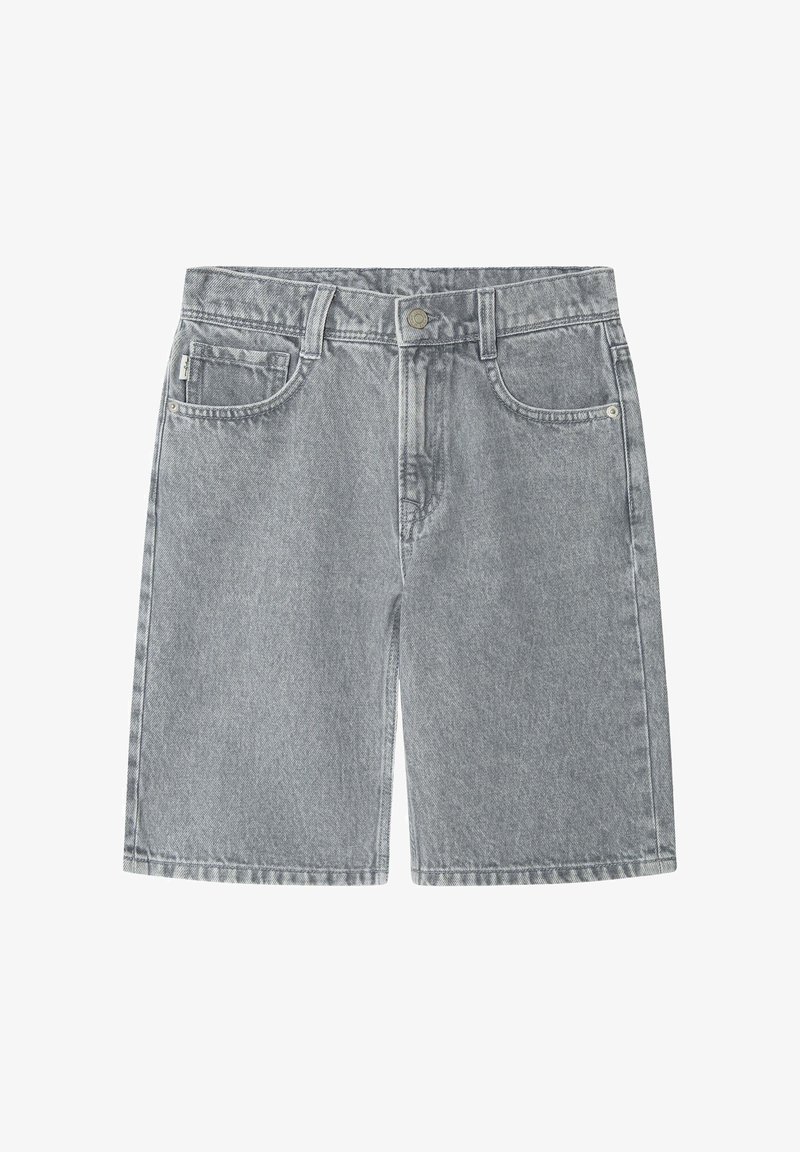 Grå denimshorts med knap og lynlås foran, bæltestropper og femlomme-design.