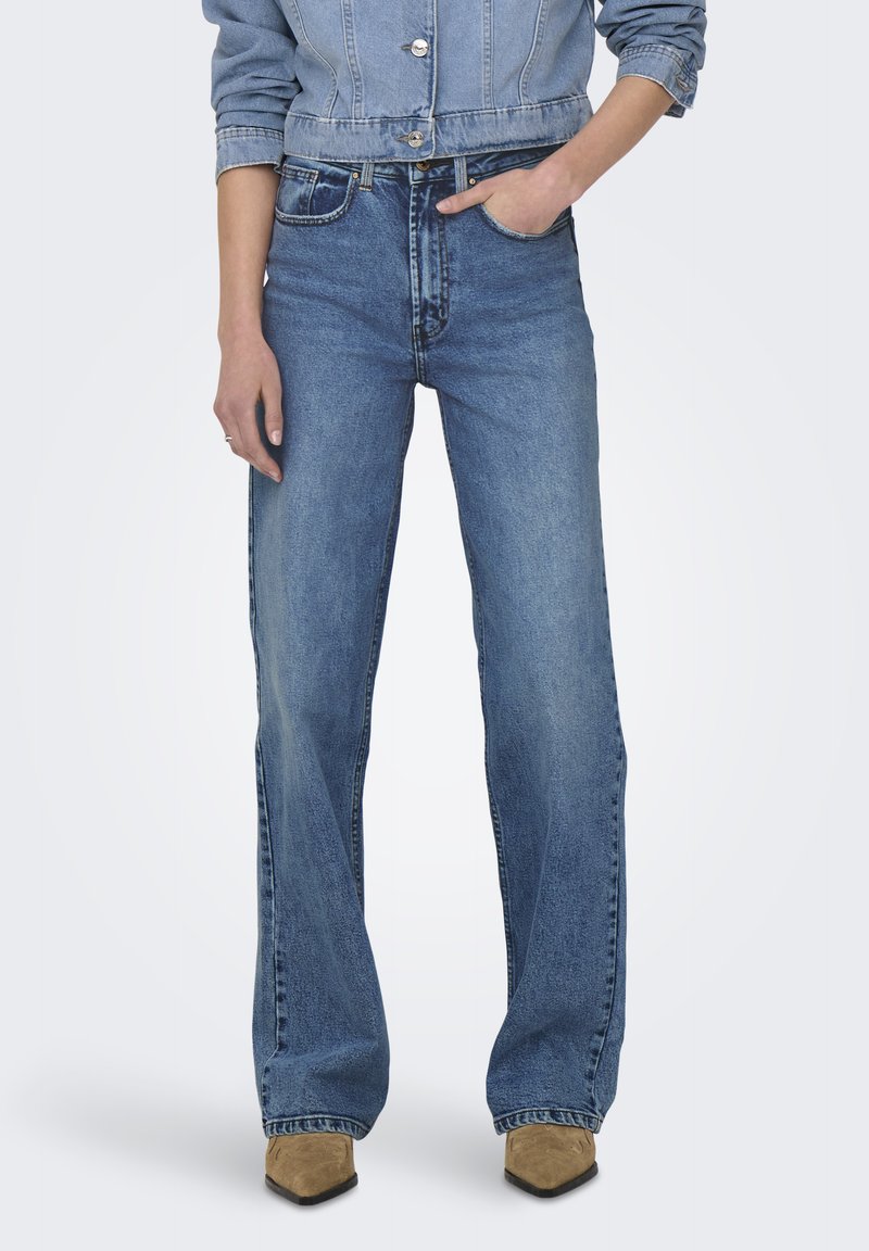 Light blue denim jeans with a high-waisted, wide-leg design. Features a classic five-pocket style and subtle fading.