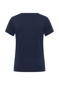 Dark navy blue cotton t-shirt with a rounded neckline and short sleeves. Smooth texture, simple design, and no visible patterns or accents.