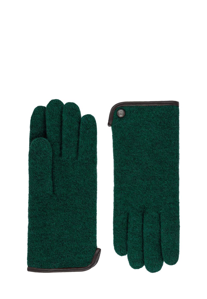 Pair of dark green knit gloves with black trim, one showing palm side and other back side with a small round button detail.
