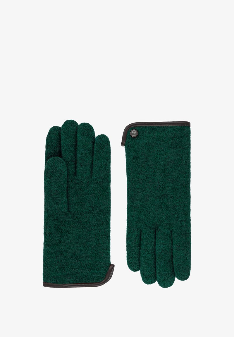 Pair of dark green knit gloves with black trim, one showing palm side and other back side with a small round button detail.