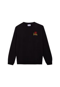 Sudadera negra de manga larga, con cuello redondo y un bordado sutil que presenta texto y gráficos en rojo y amarillo en la parte frontal.
