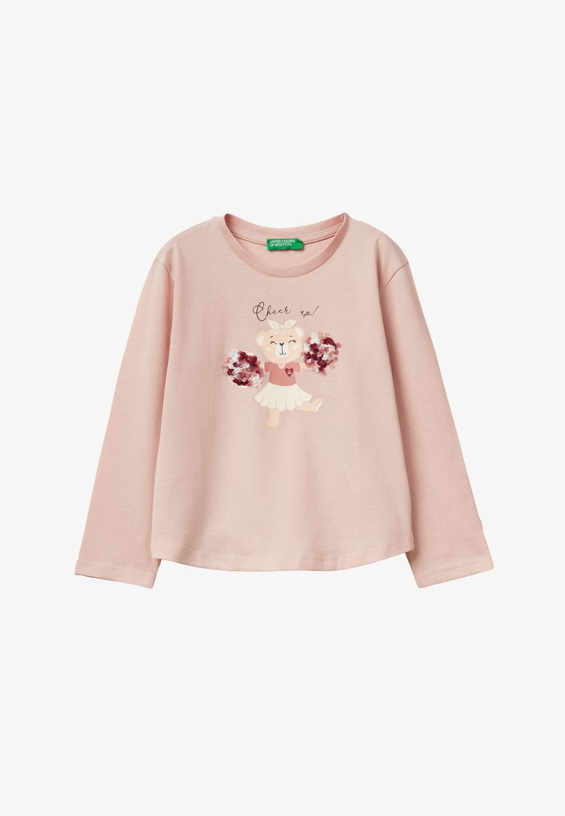 Helles rosa Langarmshirt mit einem Cartoon-Bären, der Pompons, einen Rock und den Text "Cheer up!" zeigt. Bedrucktes Design auf weicher Baumwollqualität.