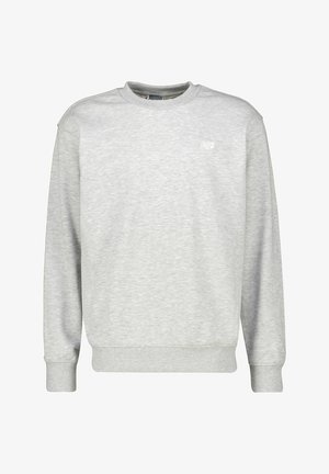 Hellgrauer Sweatshirt, Rundhalsausschnitt, lange Ärmel, gerippte Bündchen und Saum, weiche Textur, kleines Logo auf der Brust. Einfaches Design, lässige Passform.