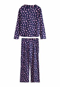 marineblauwe pyjama set met een langlijf top en bijpassende broek, bedekt met roze sterrenpatronen. Gemaakt van zachte, rekbare stof.
