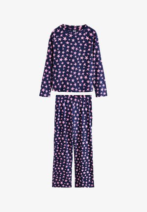Námornícka modrá pyžamová súprava s dlhým rukávom a zodpovedajúcimi nohavicami, pokrytá ružovými hviezdami. Vyrobená z jemného a elastického materiálu.
