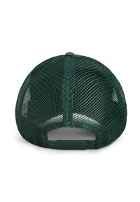 Grüne Netz-Trucker-Kappe mit einem soliden Stoffschirm. Verfügt über einen verstellbaren Snapback-Verschluss und hat eine runde Form, die ein atmungsaktives Netzdesign zeigt.