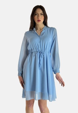 Light blue dress with long, semi-transparent sleeves, button-down front, cinched waist with drawstring, and flared hemline.