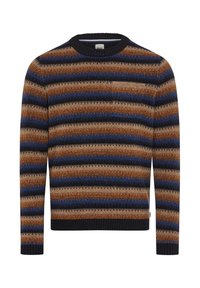 Multicolore gestreepte trui met tinten bruin, blauw en zwart. Gebreide textuur met geribbelde kraag en manchetten. Klassiek ronde hals ontwerp.