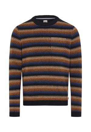 Multicolore gestreepte trui met tinten bruin, blauw en zwart. Gebreide textuur met geribbelde kraag en manchetten. Klassiek ronde hals ontwerp.