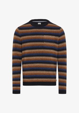Maglione a righe multicolore che presenta tonalità di marrone, blu e nero. Tessitura lavorata a maglia con colletto e polsini a costine. Design classico a girocollo.