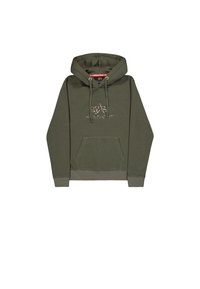 Olivno zeleni dukserica s prednjim kenguruvim džepom, kapuljačom na vezanje i suptilnim grafičkim dizajnom na prsima u kontrastnoj boji.