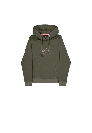Sweatshirt verde-oliva com bolso canguru frontal, capuz com cordão e um padrão gráfico discreto no peito numa cor contrastante.