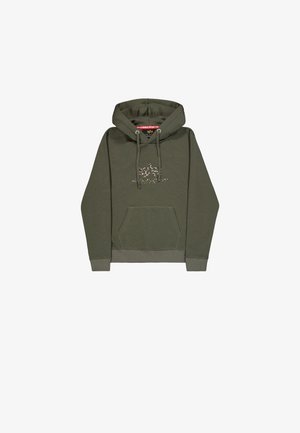 Sweatshirt verde-oliva com bolso canguru frontal, capuz com cordão e um padrão gráfico discreto no peito numa cor contrastante.